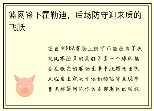 篮网签下霍勒迪，后场防守迎来质的飞跃