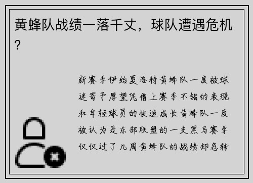 黄蜂队战绩一落千丈，球队遭遇危机？