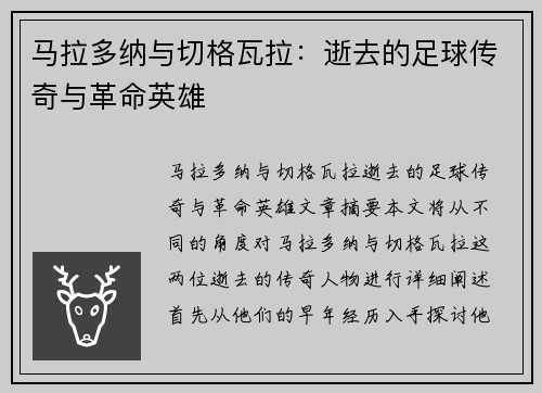 马拉多纳与切格瓦拉：逝去的足球传奇与革命英雄