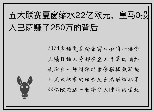 五大联赛夏窗缩水22亿欧元，皇马0投入巴萨赚了250万的背后