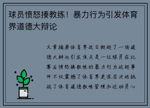球员愤怒揍教练！暴力行为引发体育界道德大辩论